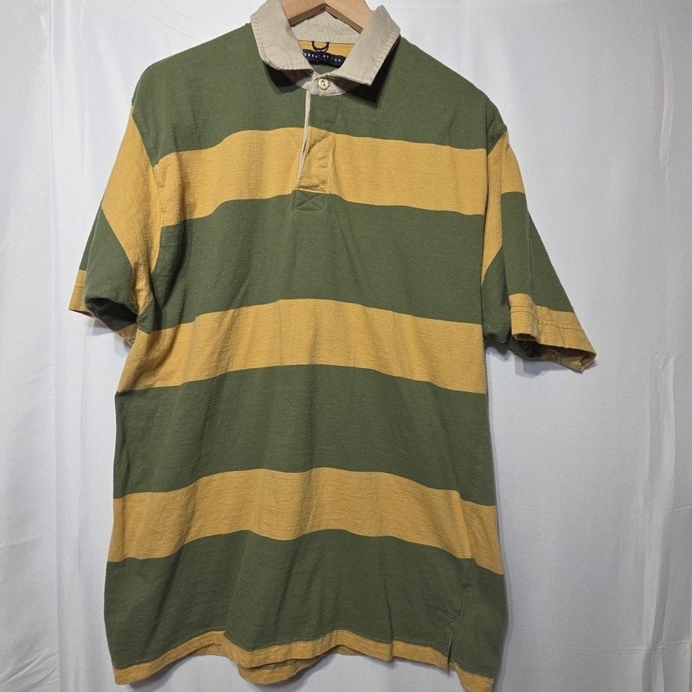 Robert Stock Men's Striped Rugby Polo Shirt Green Yellow‎ Short Sleeve Cotton